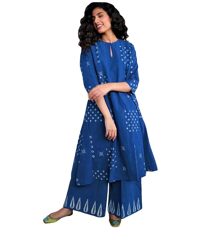 GoSriKi Women's Cotton Kurta Palazzo Set |Bandhani Block Print Suit Set | Kurta Sets for Woman