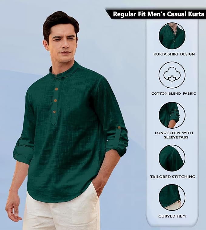Zombom Men's Solid Cotton Blend Straight Kurta Shirt, Regular Fit Full Sleeve Short Kurta Shirt - Image 3