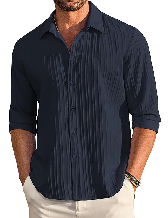 DEELMO Men's Casual Button Down Shirts Long Sleeve Linen Shirt Fashion Textured Beach Summer Shirt